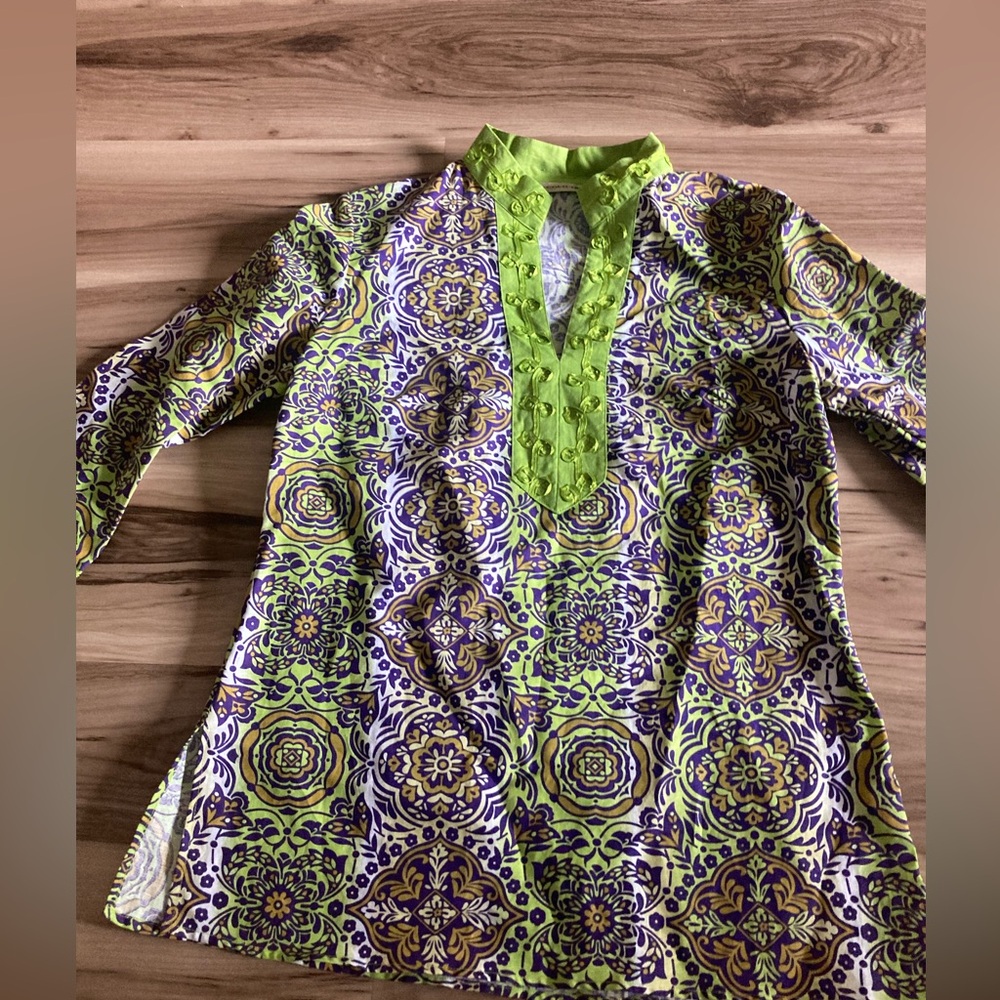 Ecologie Green and Purple 100% Linen Tunic Top Size Medium